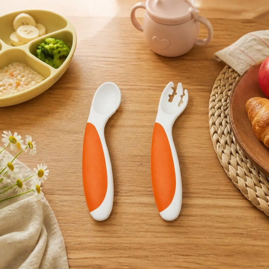 Baby Fork Spoon Set Orange Left Handed Beginner Self Feeding Utensils