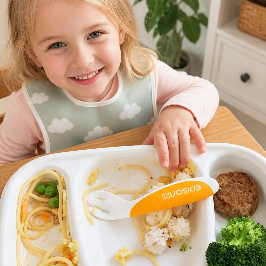 Baby Fork Spoon Set Orange Left Handed Beginner Self Feeding Utensils