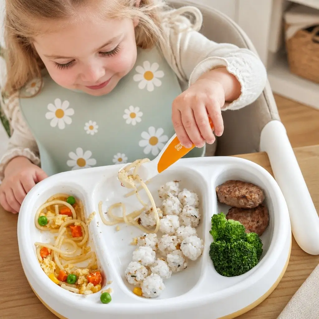 Baby Fork Spoon Set Orange Left Handed Beginner Self Feeding Utensils