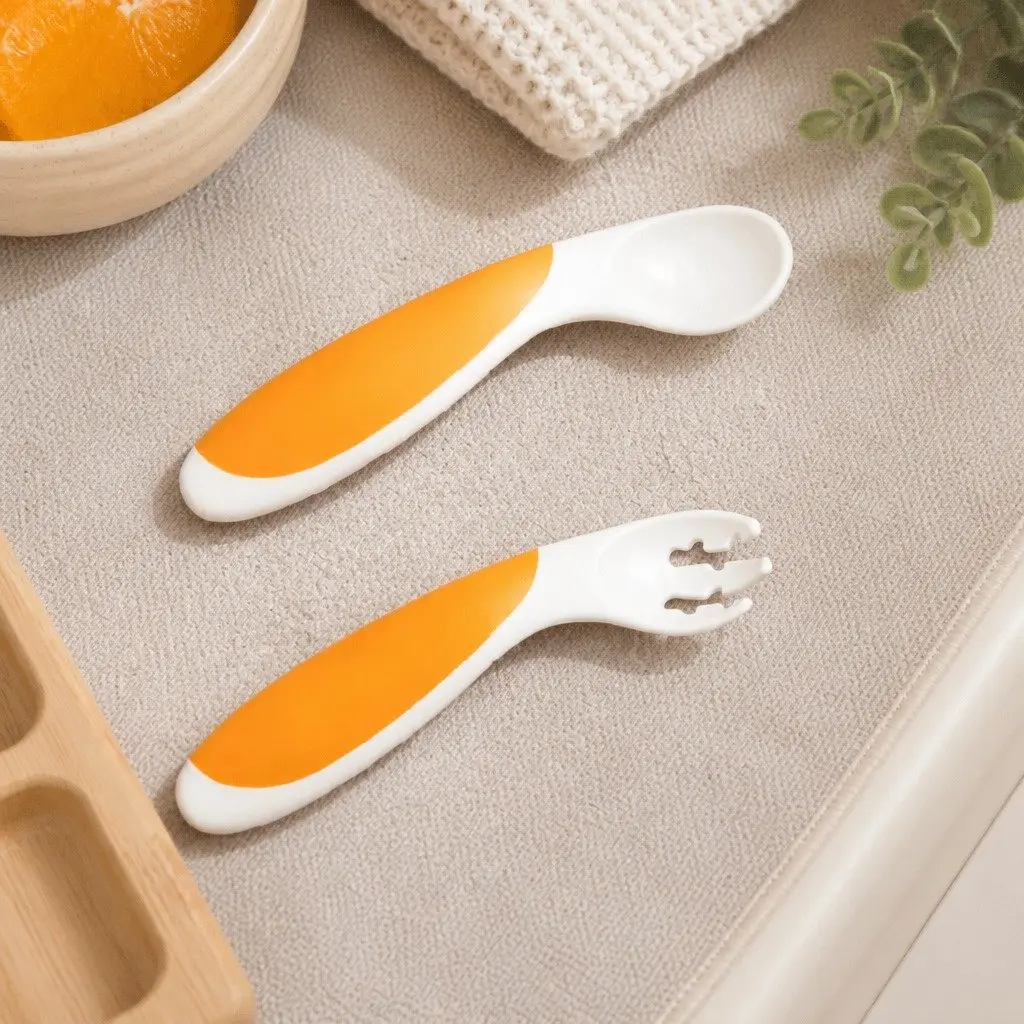 Baby Fork Spoon Set Orange Left Handed Beginner Self Feeding Utensils