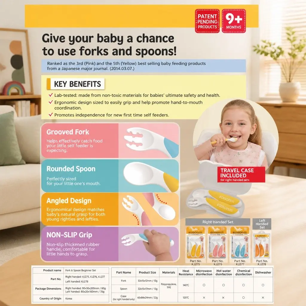 Baby Fork Spoon Set Orange Left Handed Beginner Self Feeding Utensils