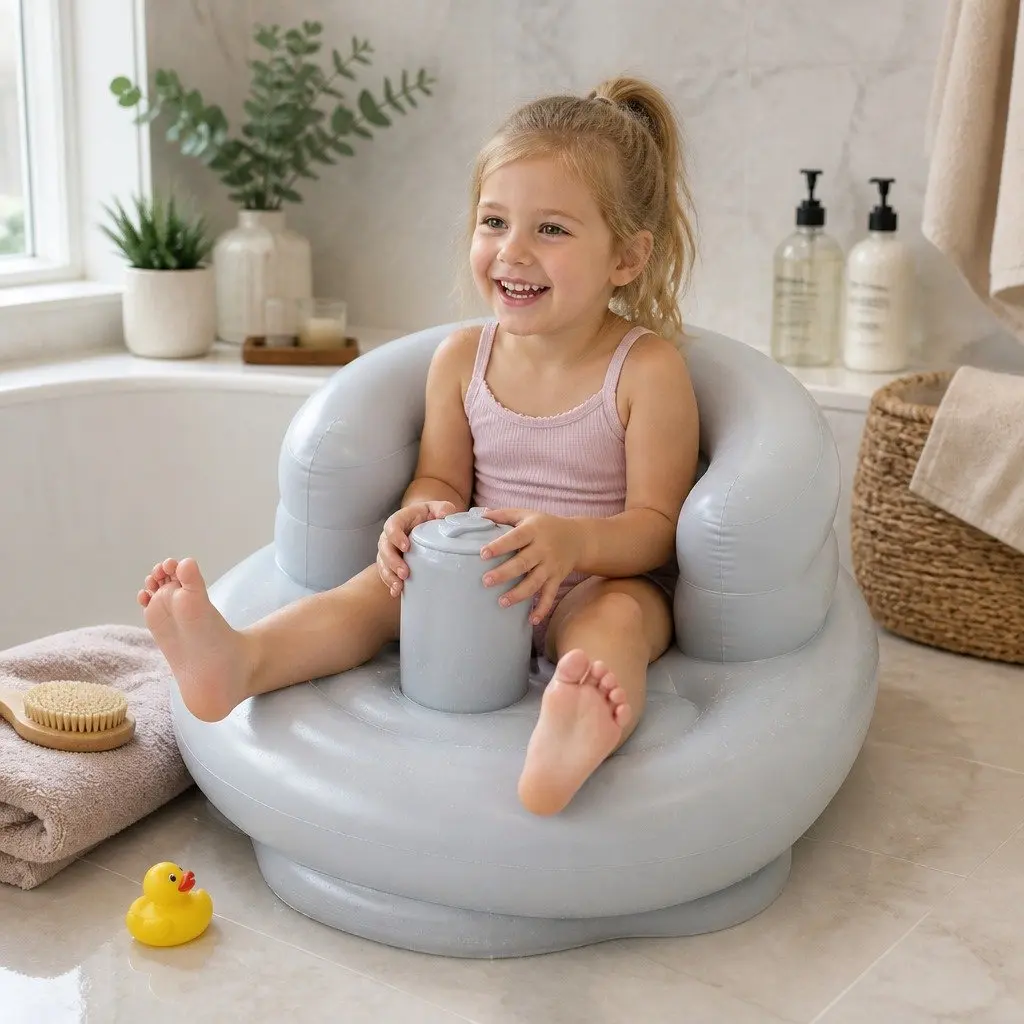 Inflatable Baby Chair Purple Gray Low Center Gravity Soft Air Cushion