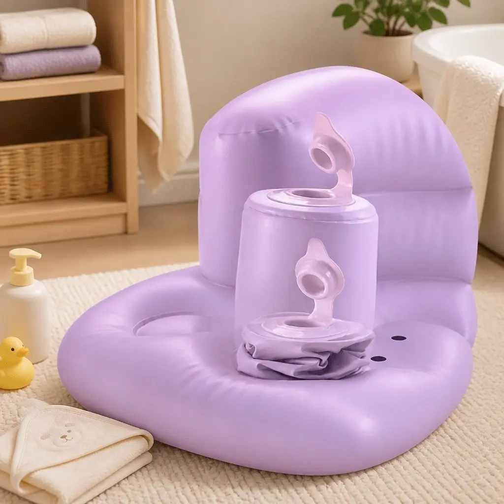Inflatable Baby Chair Purple Gray Low Center Gravity Soft Air Cushion