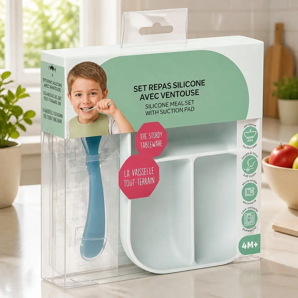 Silicone Suction Divided Plate Spoon Set Baby Mealtime Feeding Tableware Blue
