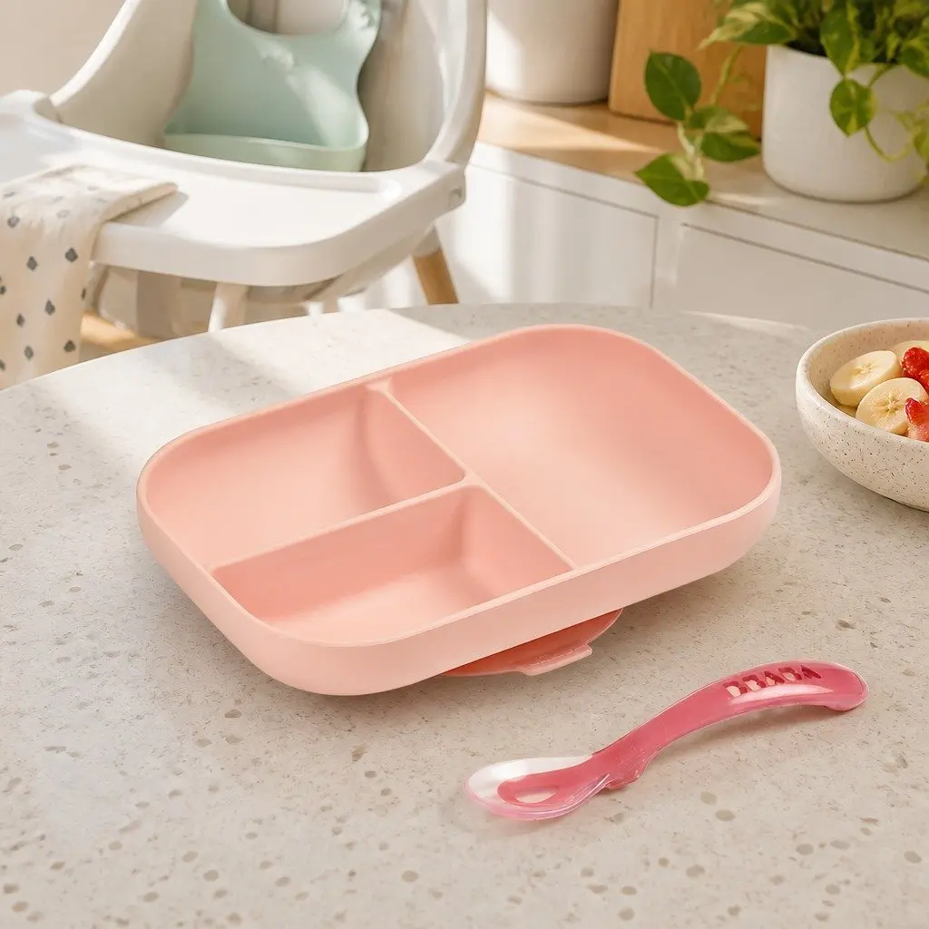 Silicone Suction Divided Plate Spoon Set Pink 2 Piece Non-slip Bottom