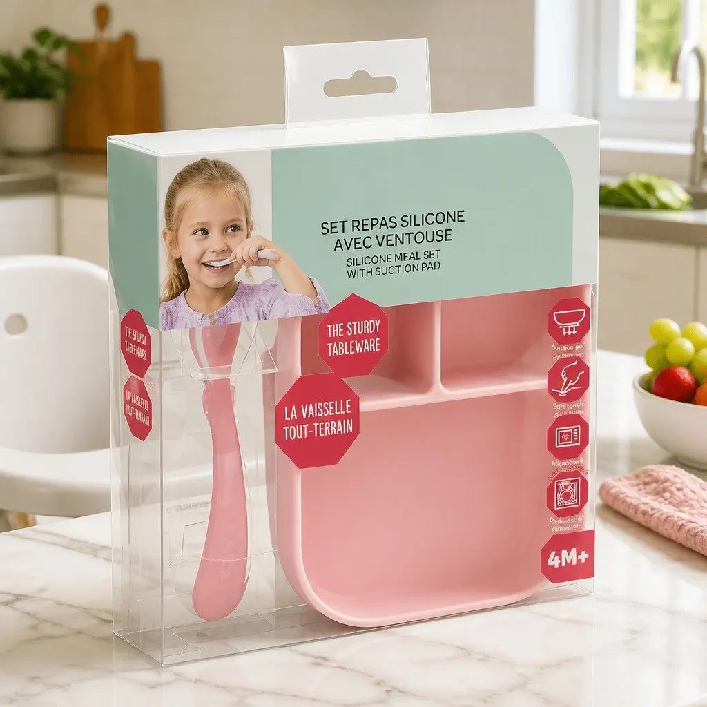 Silicone Suction Divided Plate Spoon Set Pink 2 Piece Non-slip Bottom
