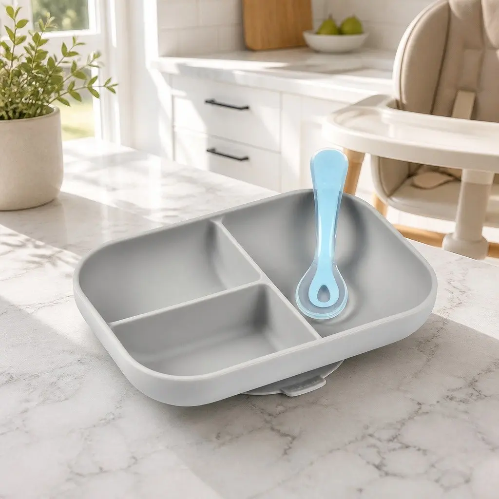 Silicone Suction Divided Plate & Spoon Set Baby Mealtime Feeding Tableware Grey