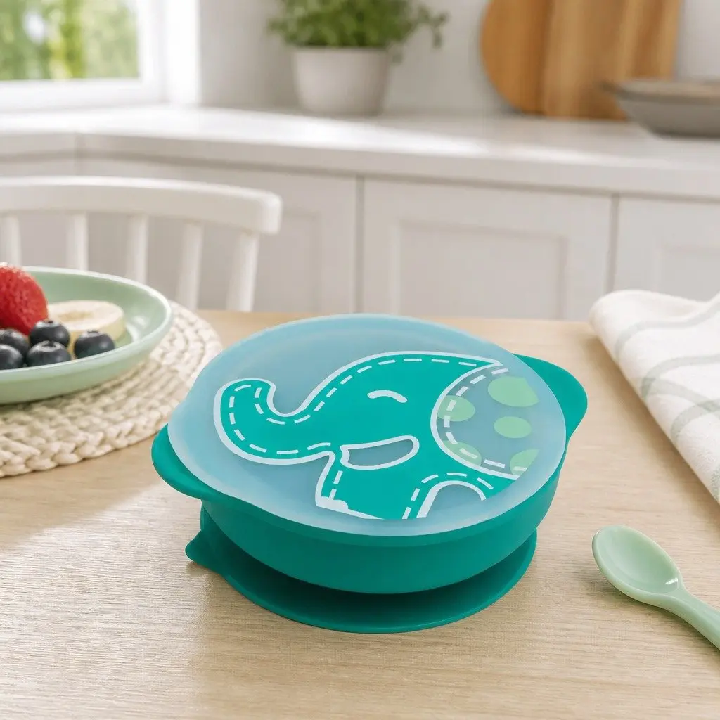 Suction Bowl Green Silicone Toddler Dinnerware Self Feeding with Lid