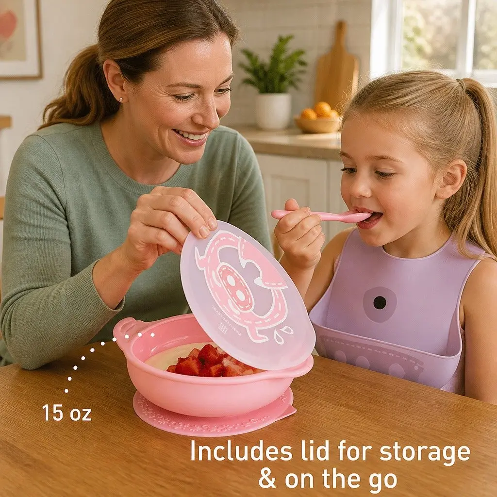 Suction Bowl Green Silicone Toddler Dinnerware Self Feeding with Lid