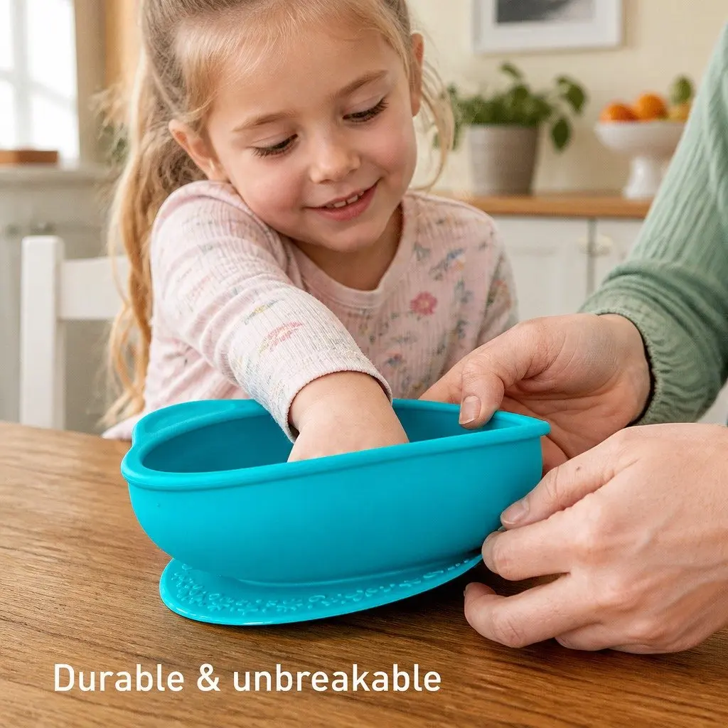 Suction Bowl Green Silicone Toddler Dinnerware Self Feeding with Lid