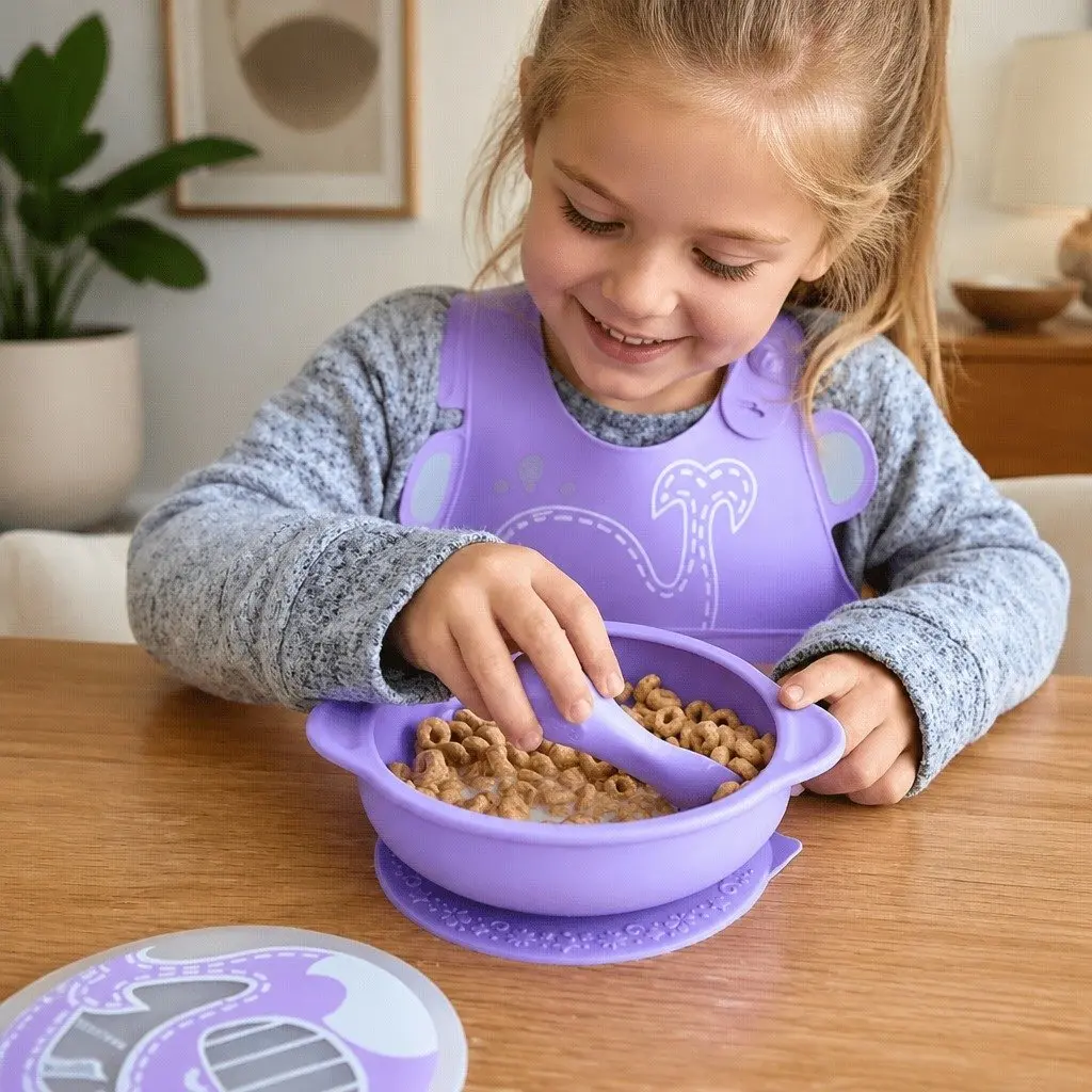 Suction Bowl Green Silicone Toddler Dinnerware Self Feeding with Lid