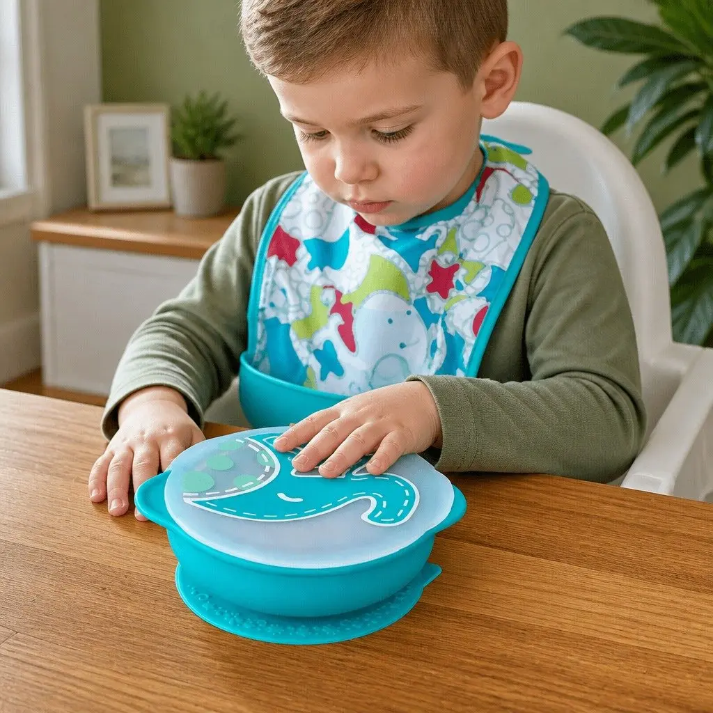 Suction Bowl Green Silicone Toddler Dinnerware Self Feeding with Lid