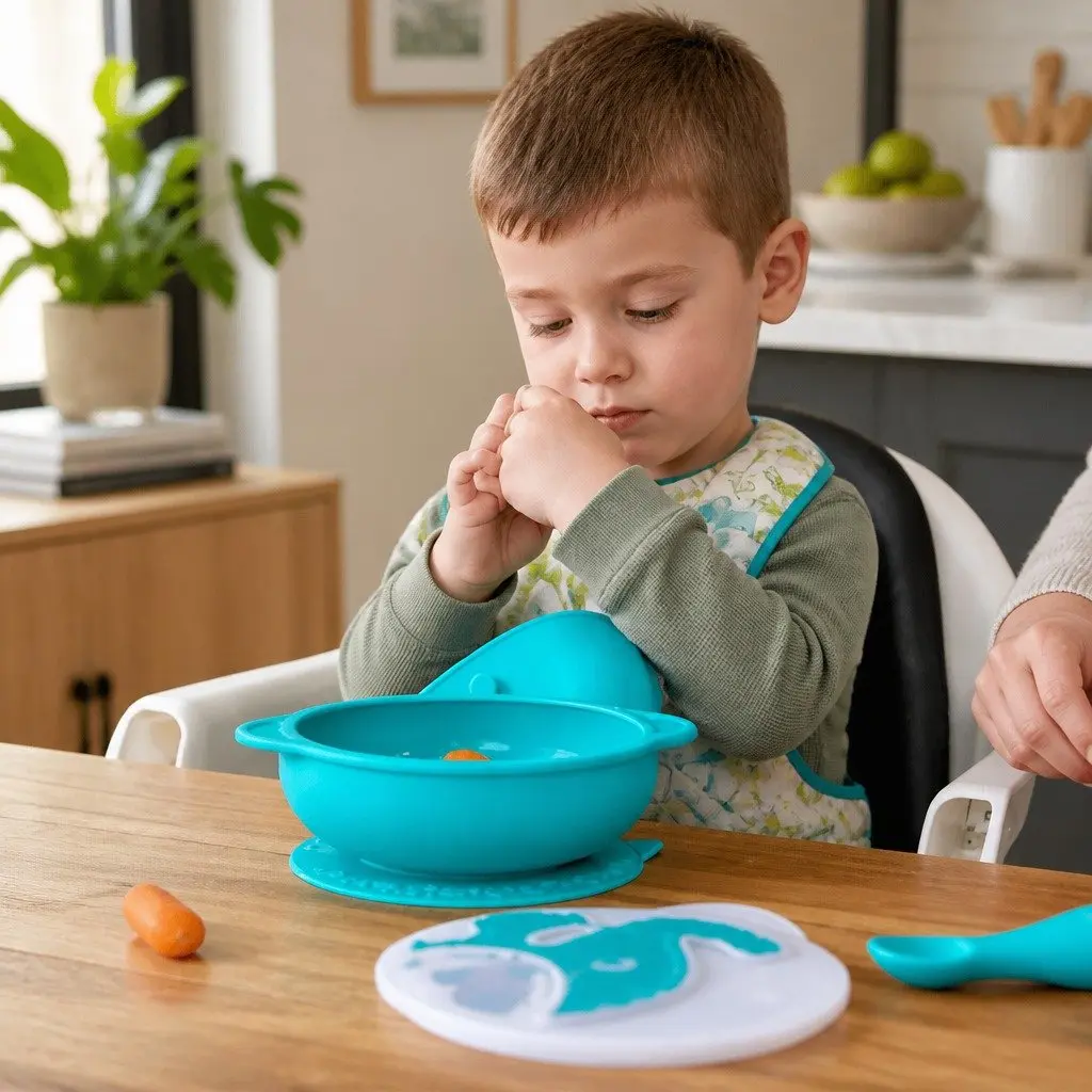 Suction Bowl Green Silicone Toddler Dinnerware Self Feeding with Lid