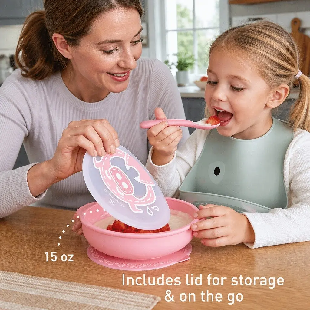 Suction Bowl with Lid Blue 450ml Self Feeding Toddler BPA Free Silicone