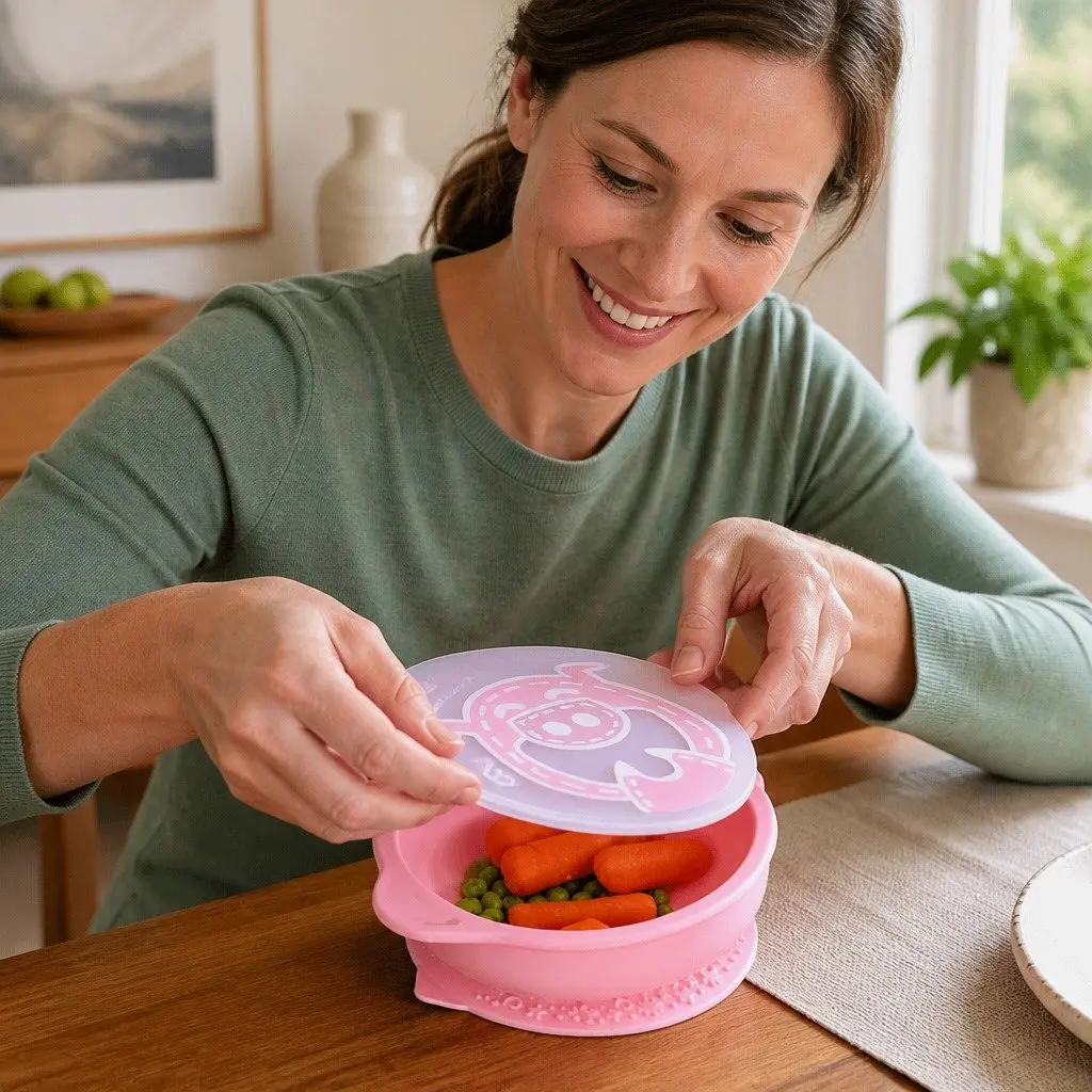Suction Bowl with Lid Blue 450ml Self Feeding Toddler BPA Free Silicone