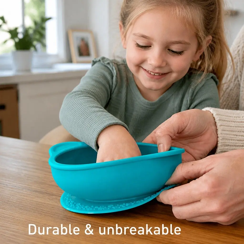 Suction Bowl with Lid Blue 450ml Self Feeding Toddler BPA Free Silicone