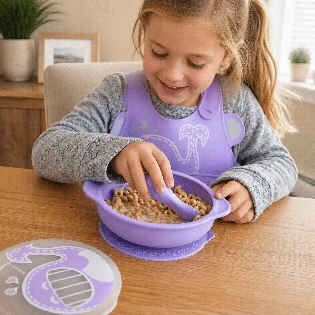 Suction Bowl with Lid Blue 450ml Self Feeding Toddler BPA Free Silicone