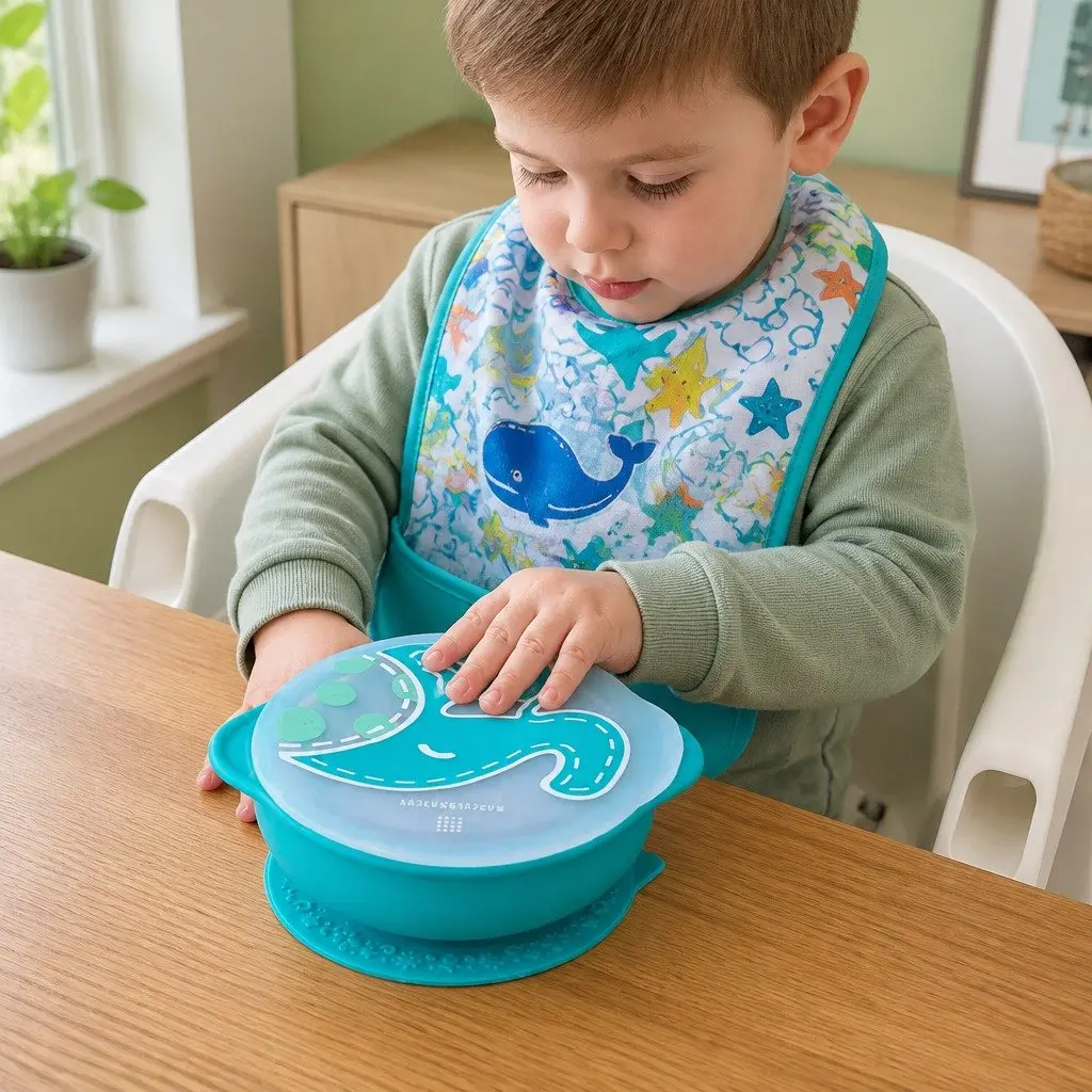 Suction Bowl with Lid Blue 450ml Self Feeding Toddler BPA Free Silicone