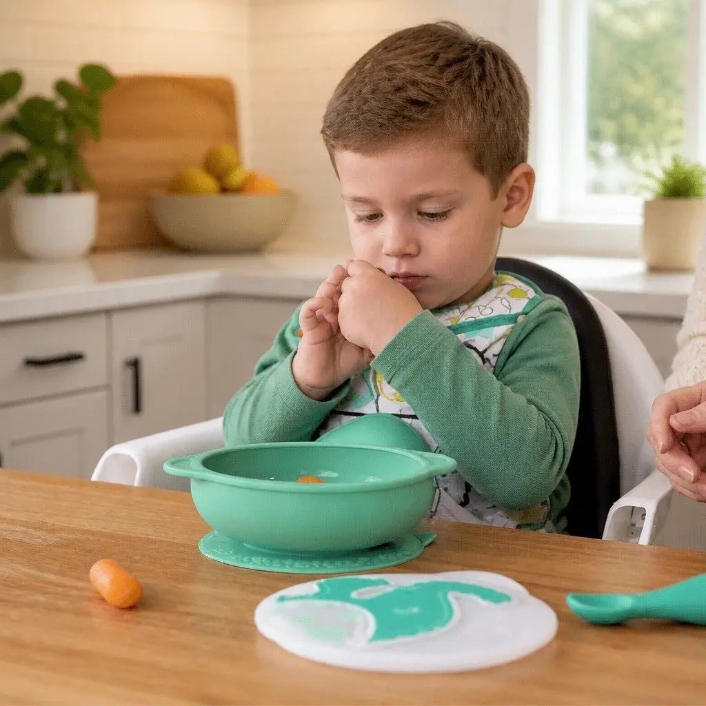 Suction Bowl with Lid Blue 450ml Self Feeding Toddler BPA Free Silicone