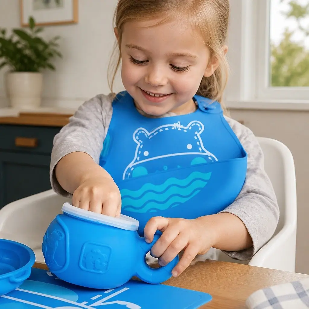 Snack Bowl Lucas the Hippo Blue Toddler Feeding Container Secure Lid Handle