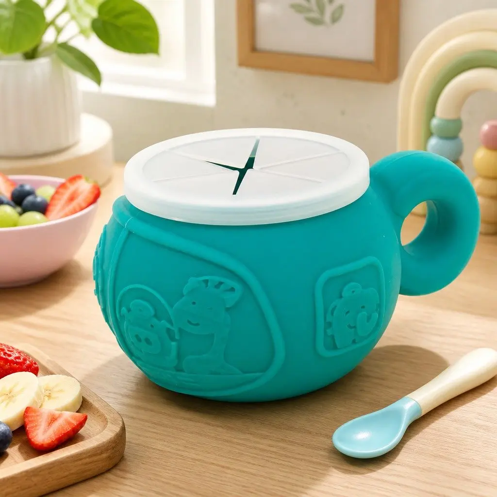 Snack Bowl Lucas the Hippo Blue Toddler Feeding Container Secure Lid Handle