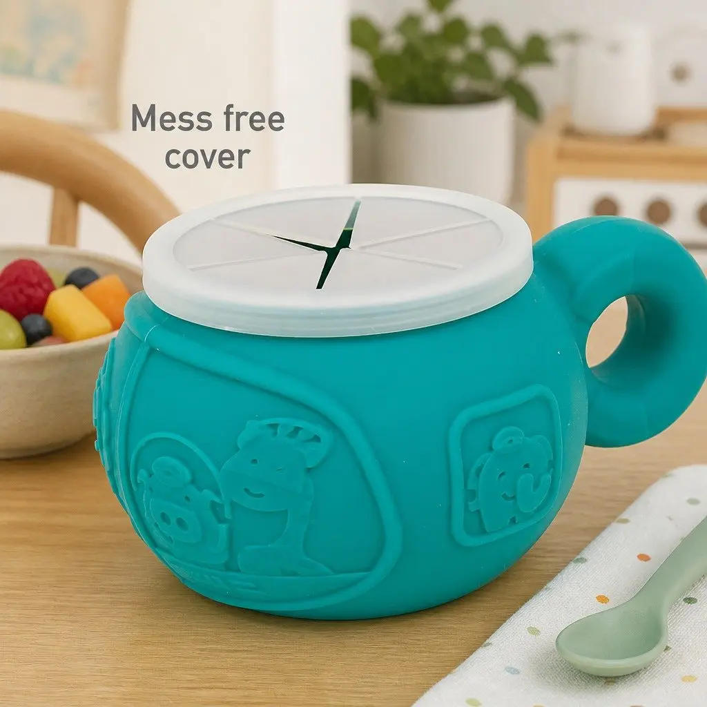 Snack Bowl Green Small Spill-Proof Lid Reach-Through Opening Handle