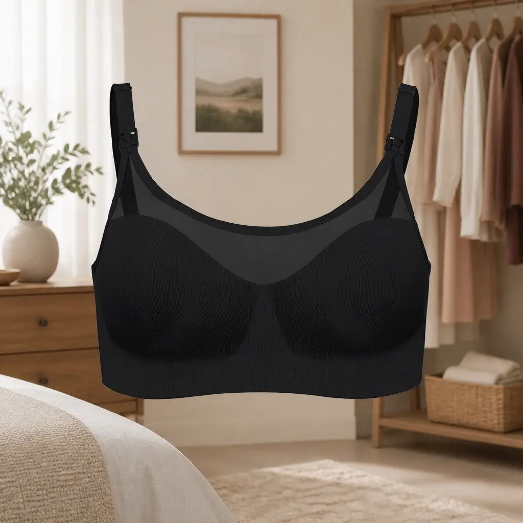 Nursing Bra Black S Seamless Sheer Mesh Scoop Neckline Sweetheart Cut