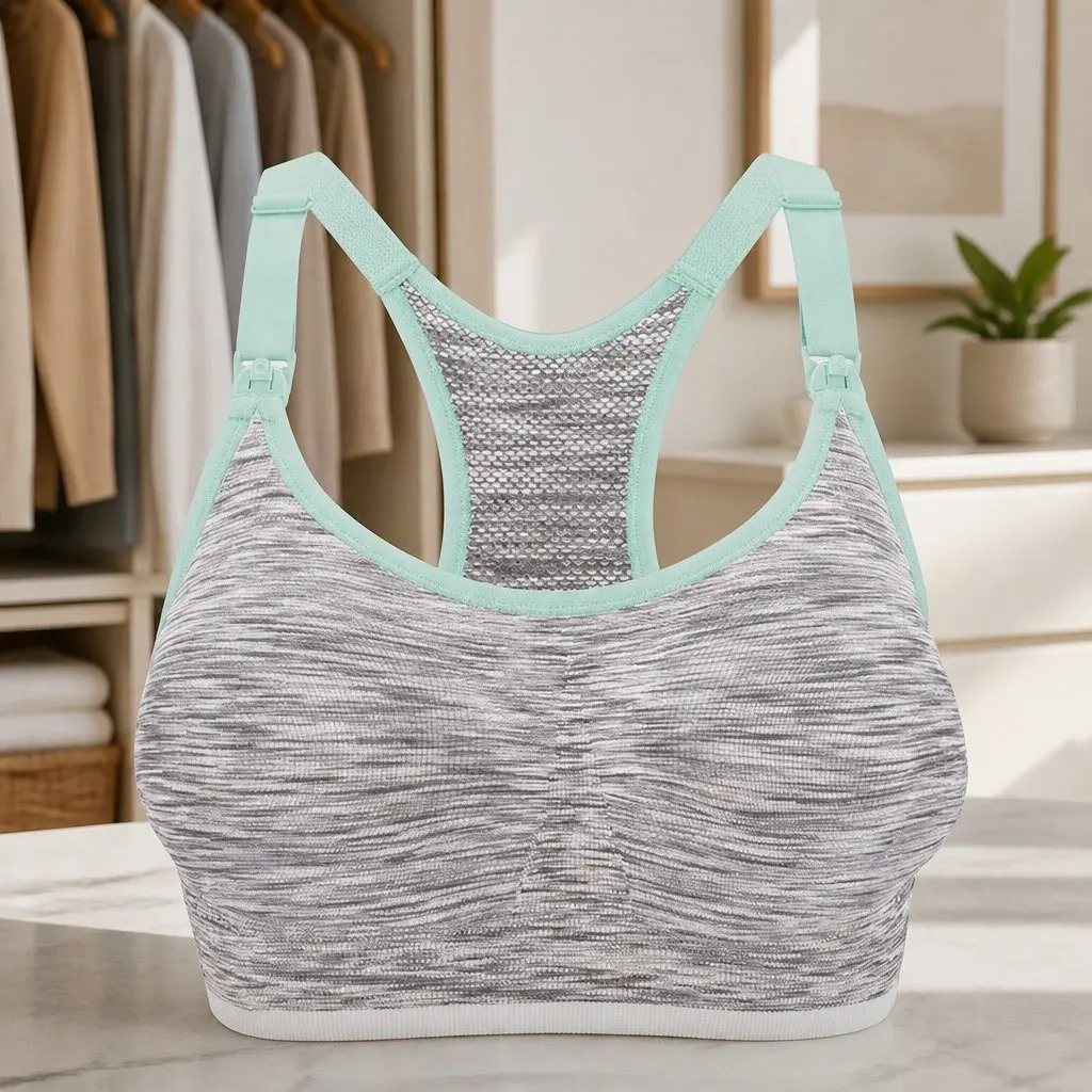 Nursing Bra White Grey Spacedye M Seamless Wire-Free 4-Way Stretch Molded Cups Maternity Support