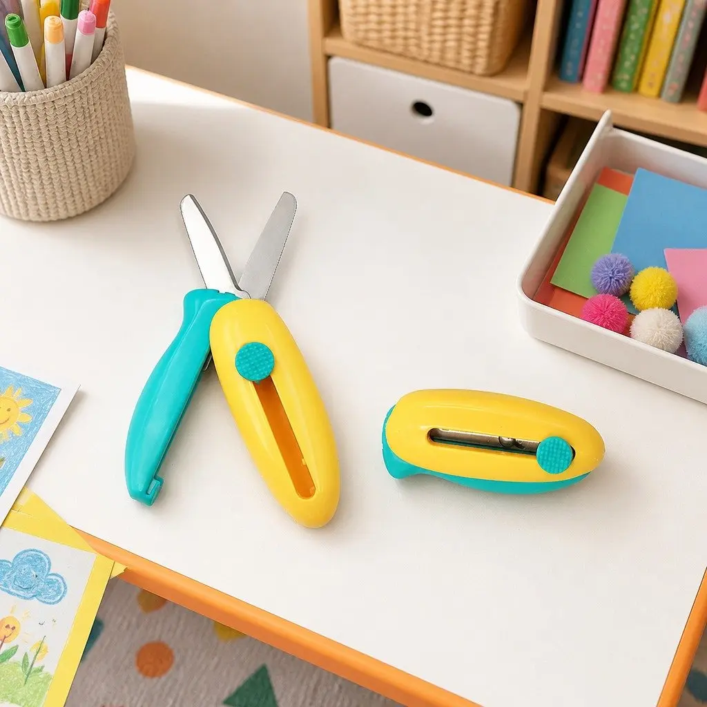 Spring-Action Pocket Scissors Kids Crafts Round Curved Blade Retractable Safe