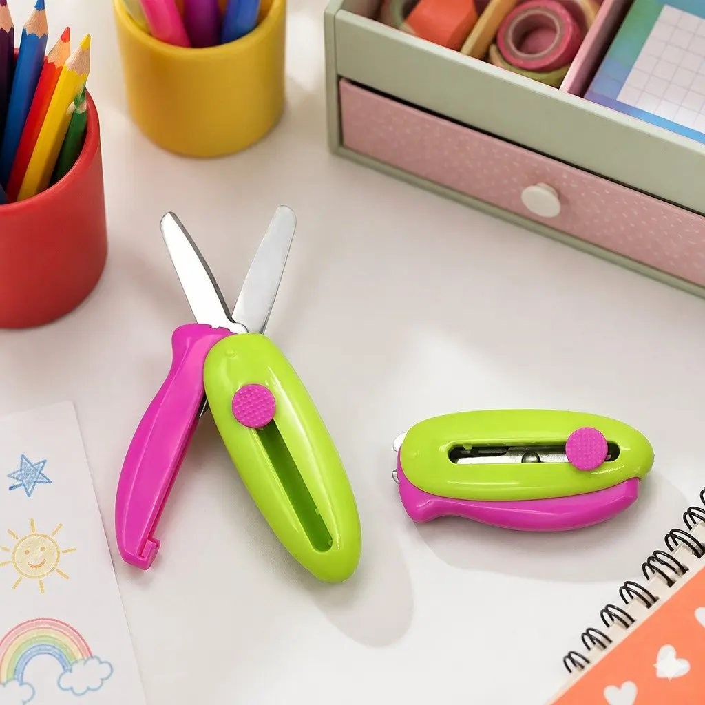 Spring-Action Pocket Scissors Kids Crafts Round Curved Blade Retractable Safe