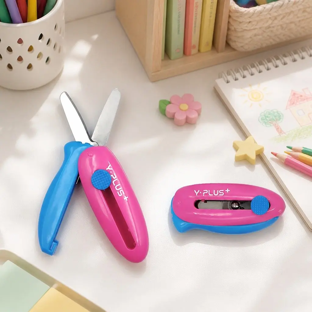 Spring-Action Pocket Scissors Kids Crafts Round Curved Blade Retractable Safe