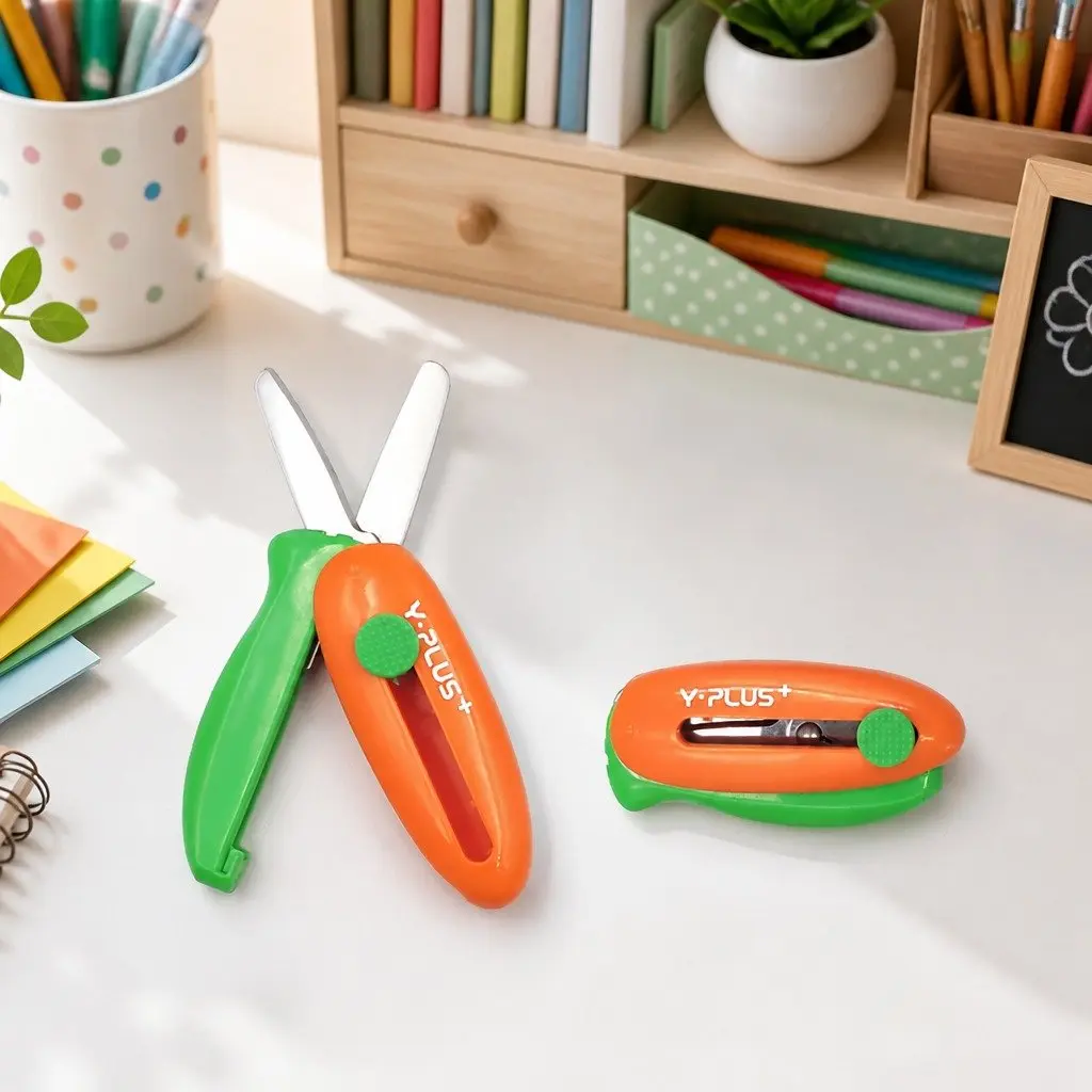 Spring-Action Pocket Scissors Kids Crafts Round Curved Blade Retractable Safe