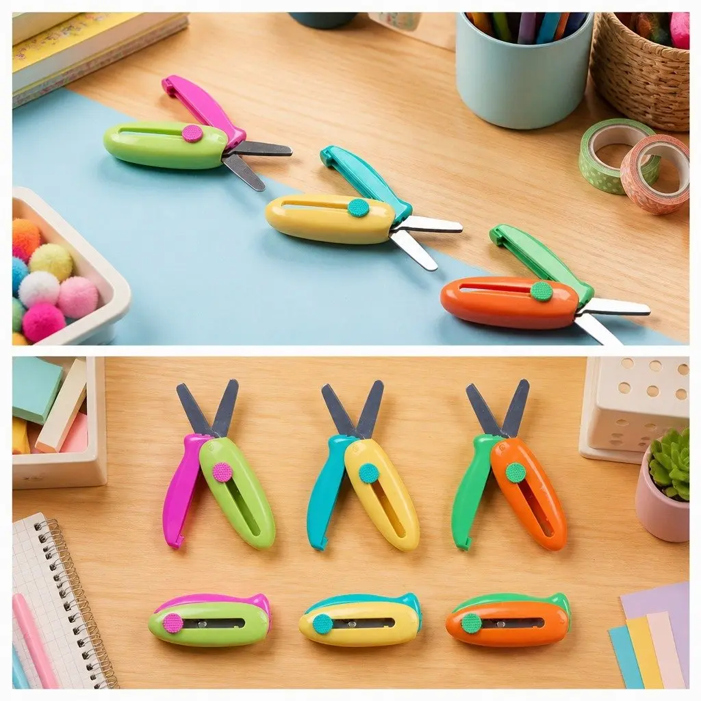 Spring-Action Pocket Scissors Kids Crafts Round Curved Blade Retractable Safe