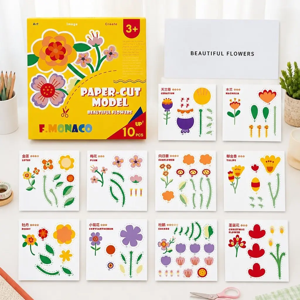 Children's Paper Cutting Kit Colorful Pre-Cut Templates Rounded-Edge Scissors Creative Craft Activity