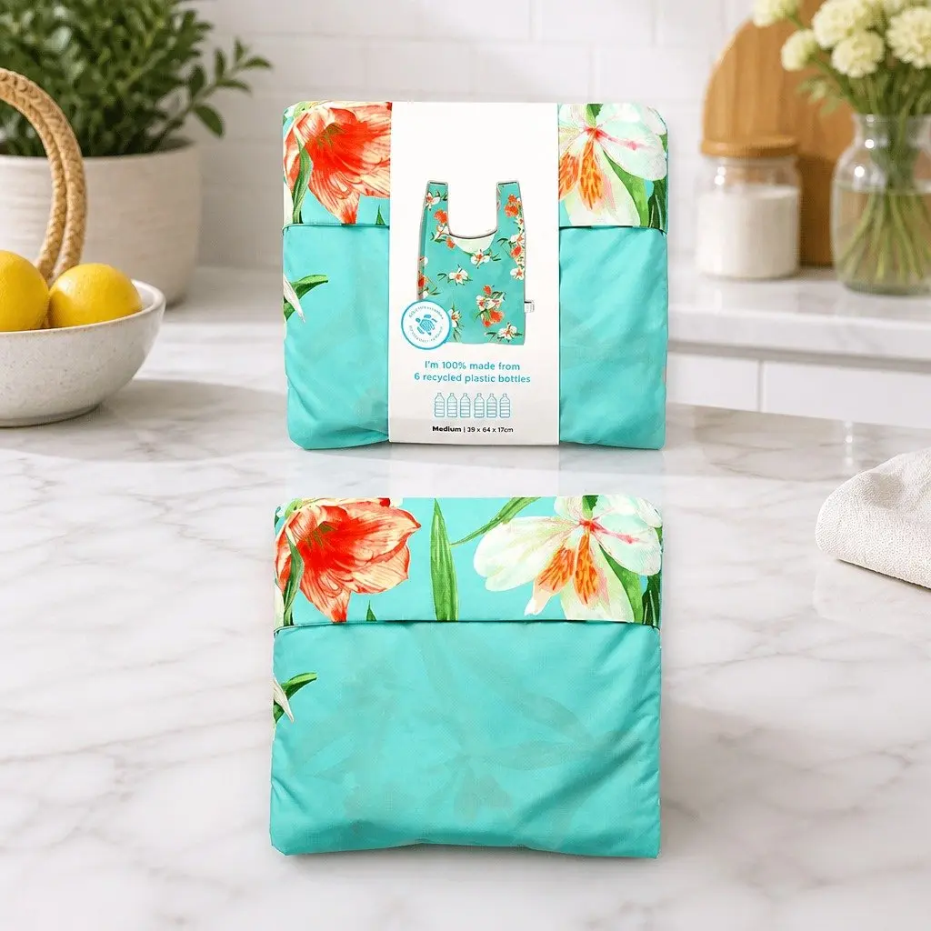 Medium Floral Reusable Shopping Bag Foldable Water-Resistant Recycled Plastic for Grocery and Everyday Use