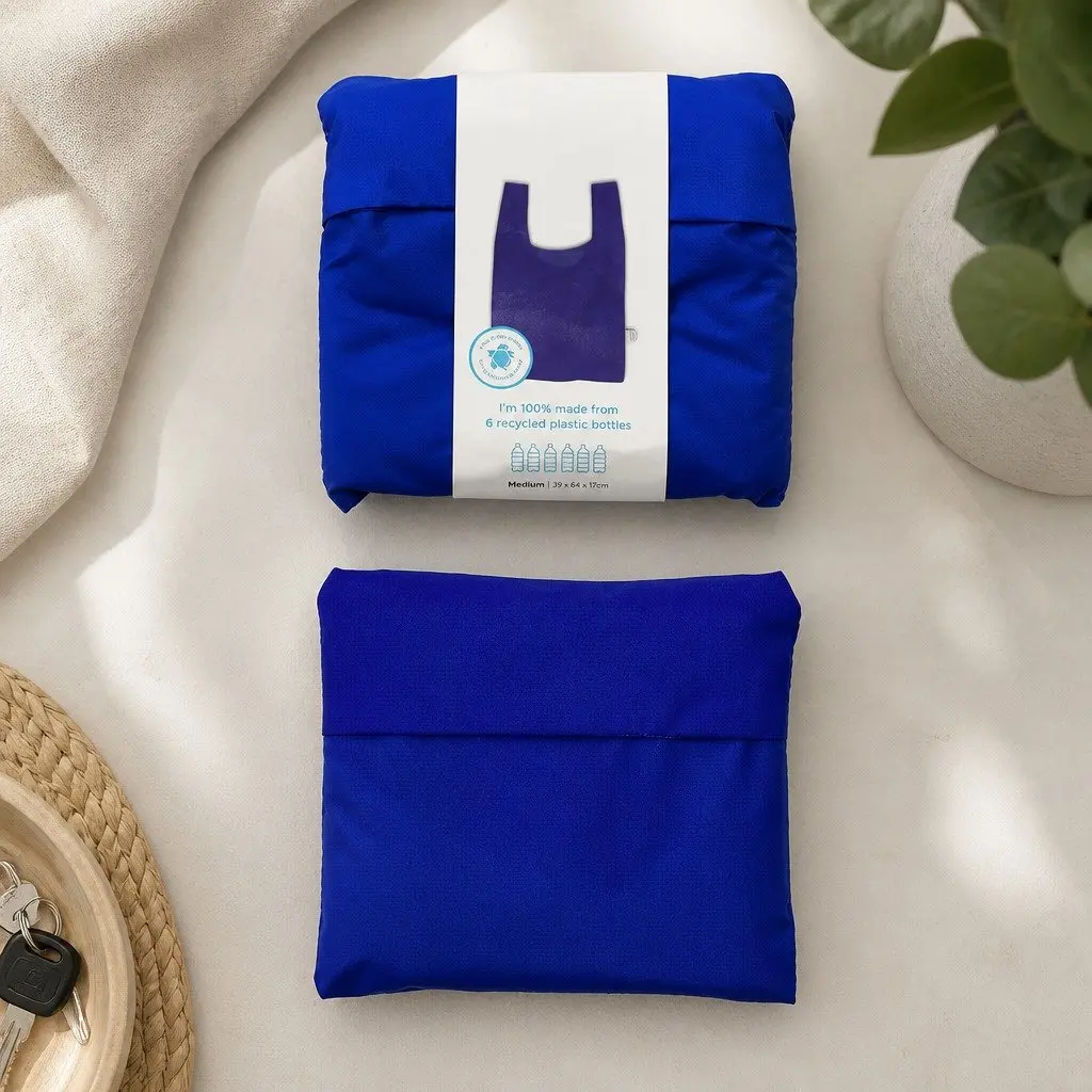 Reusable Shopping Bag Sapphire Blue Medium Foldable Grocery Tote Recycled