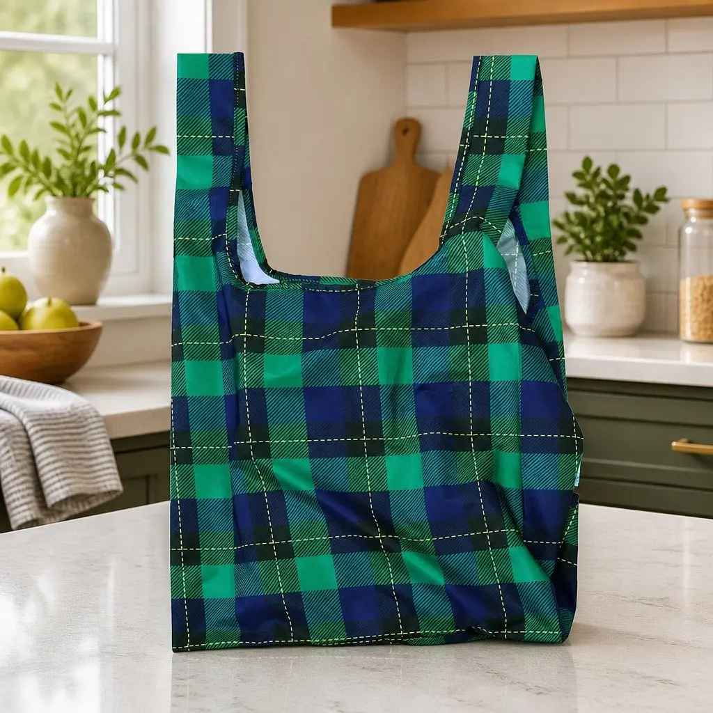 Reusable Shopping Bag Tartan Medium Foldable Grocery Tote Water-resistant Lightweight