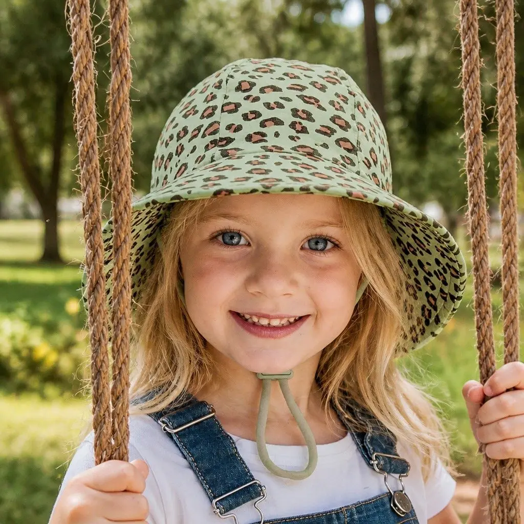 Kids Bucket Hat Leopard Print L UPF50+ Sun Protection Ponytail Opening Anti-Flop Brim