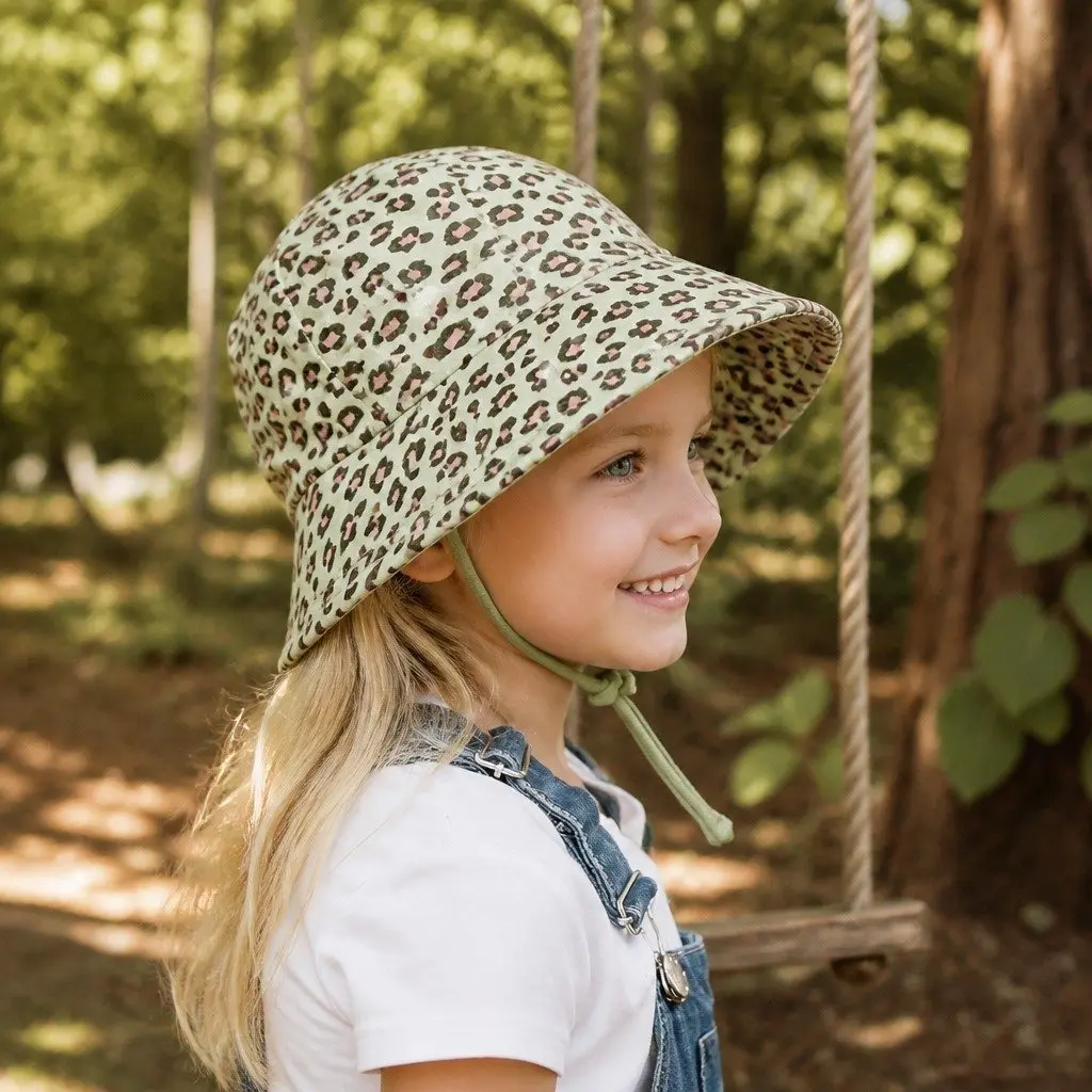 Kids Bucket Hat Leopard Print L UPF50+ Sun Protection Ponytail Opening Anti-Flop Brim