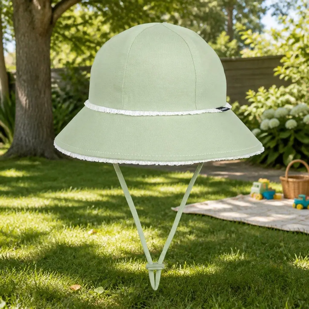 Kids Bucket Hat Khaki Large UPF50+ Sun Protection Ponytail Opening Ruffle Trim