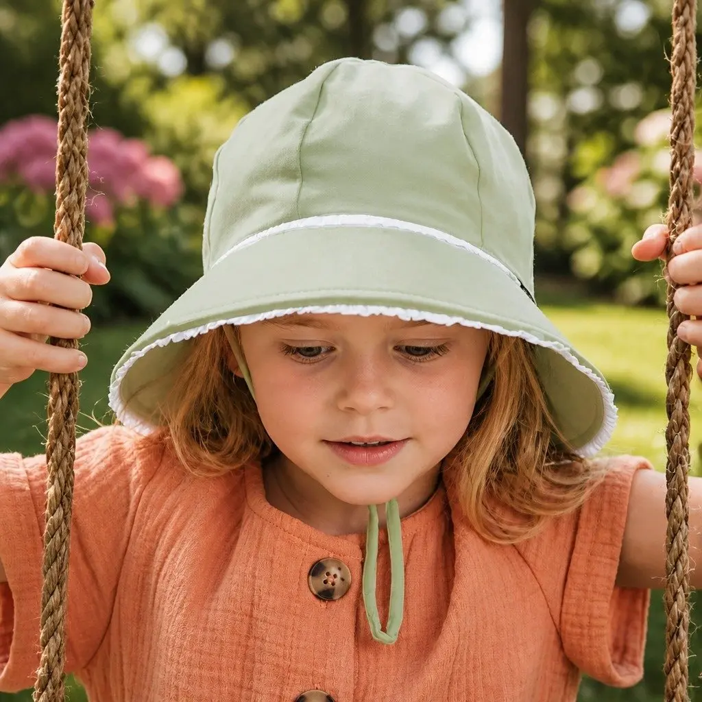 Kids Bucket Hat Khaki Large UPF50+ Sun Protection Ponytail Opening Ruffle Trim