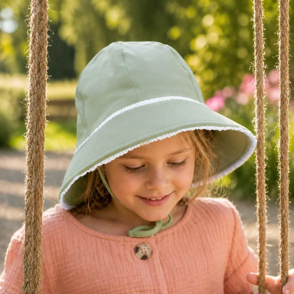 Kids Bucket Hat Khaki Large UPF50+ Sun Protection Ponytail Opening Ruffle Trim