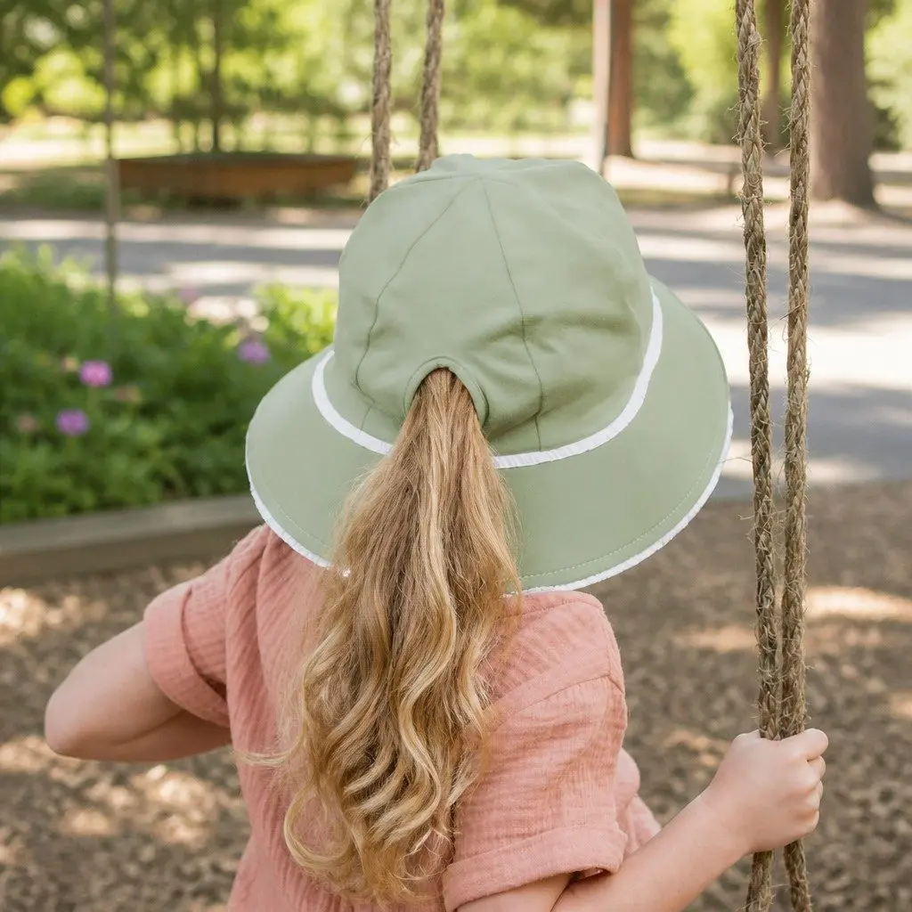 Kids Bucket Hat Khaki Large UPF50+ Sun Protection Ponytail Opening Ruffle Trim