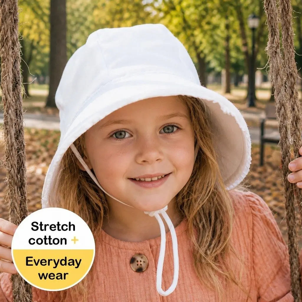Kids Bucket Hat White L UPF50+ Sun Protection Ponytail Keyhole Anti-Flop Brim Ruffle