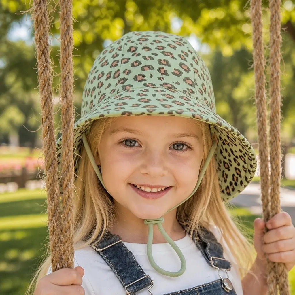 Kids Bucket Hat Leopard Print XXL UPF50+ Sun Protection Anti-Flop Brim Stretch Chin Strap