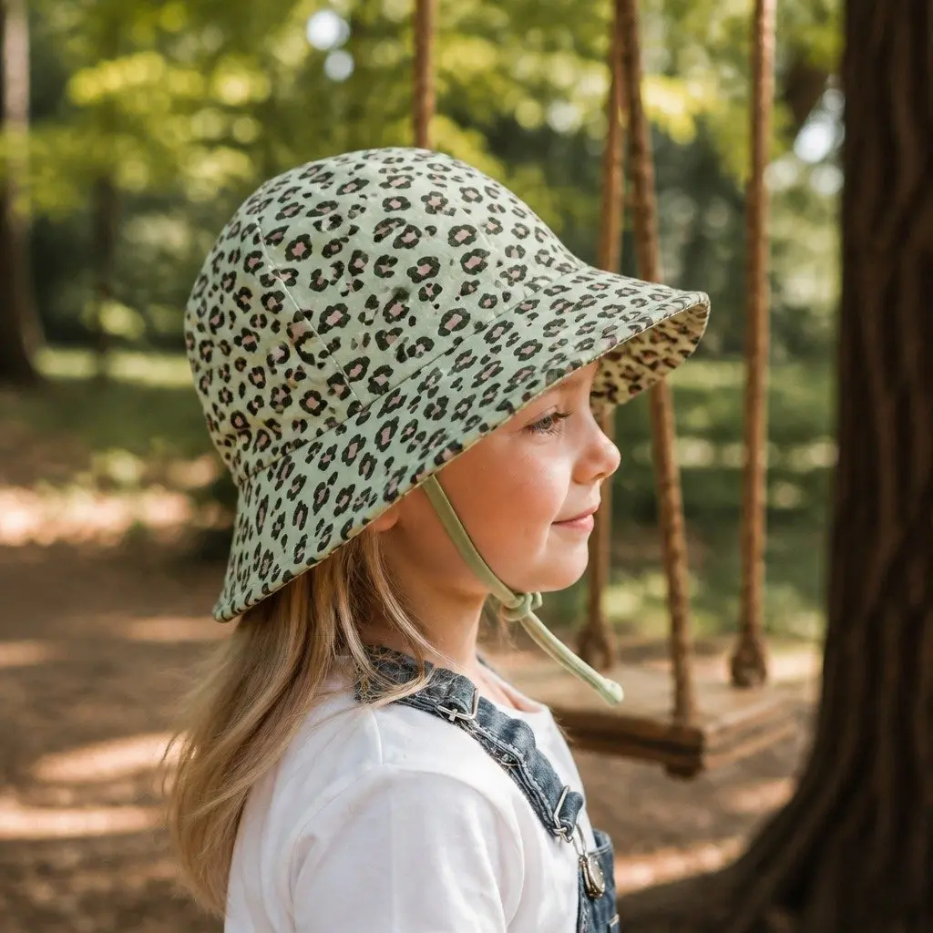 Kids Bucket Hat Leopard Print XXL UPF50+ Sun Protection Anti-Flop Brim Stretch Chin Strap