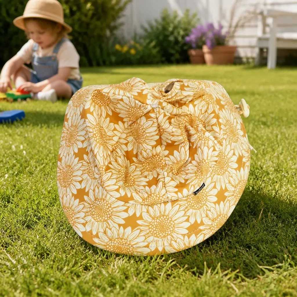 Kids Sun Hat Sunflower Print XL Wide Brim UPF 50+ Protection