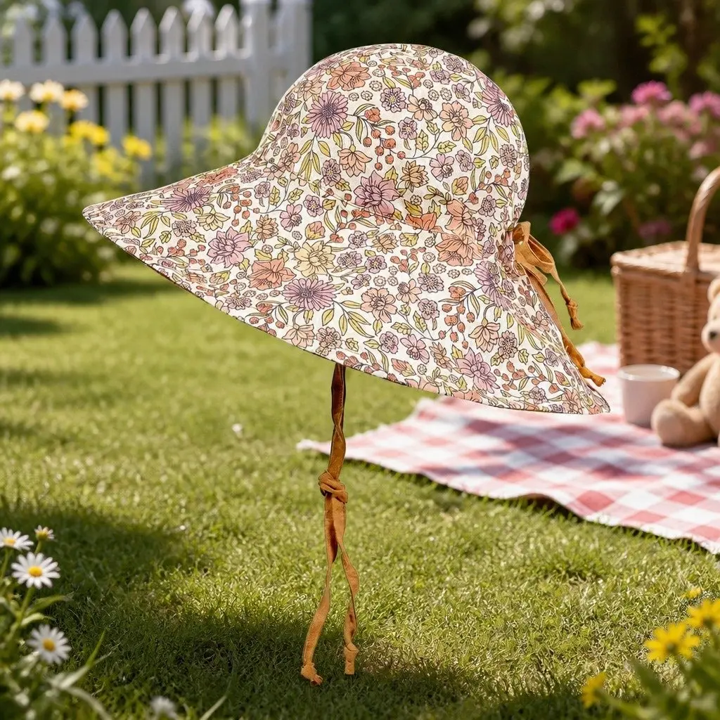 Girls Wide-Brimmed Sun Bonnet Hat Reversible Pink Lightweight UPF50+ Sun Protection