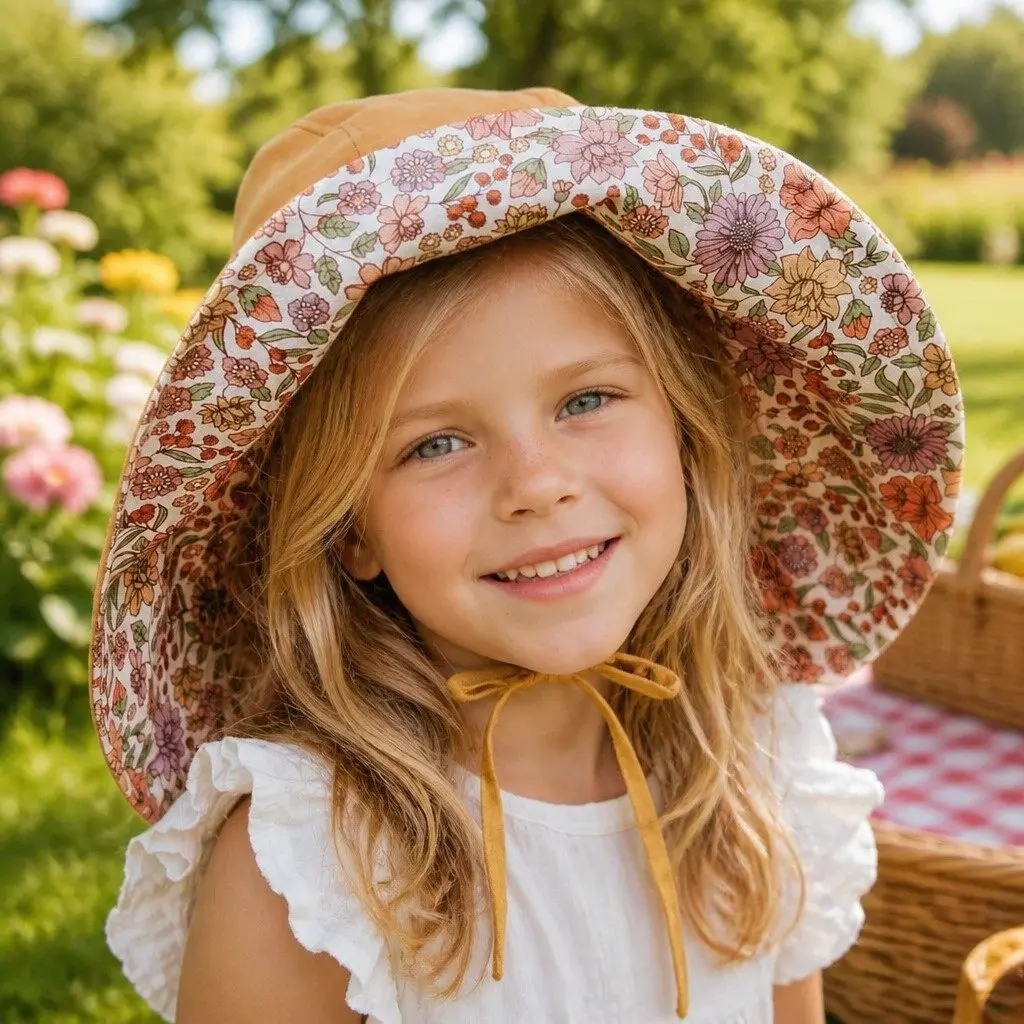 Girls Wide-Brimmed Sun Bonnet Hat Reversible Pink Lightweight UPF50+ Sun Protection