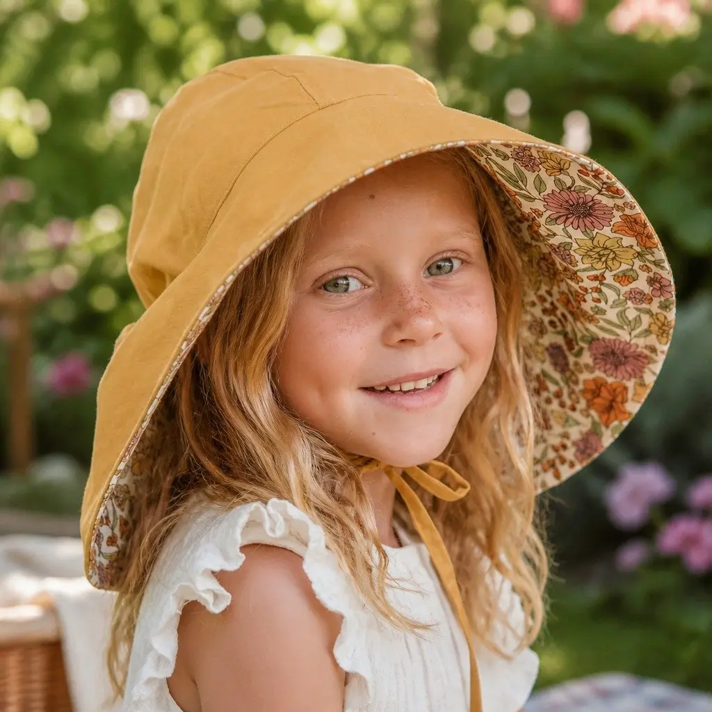Girls Wide-Brimmed Sun Bonnet Hat Reversible Pink Lightweight UPF50+ Sun Protection